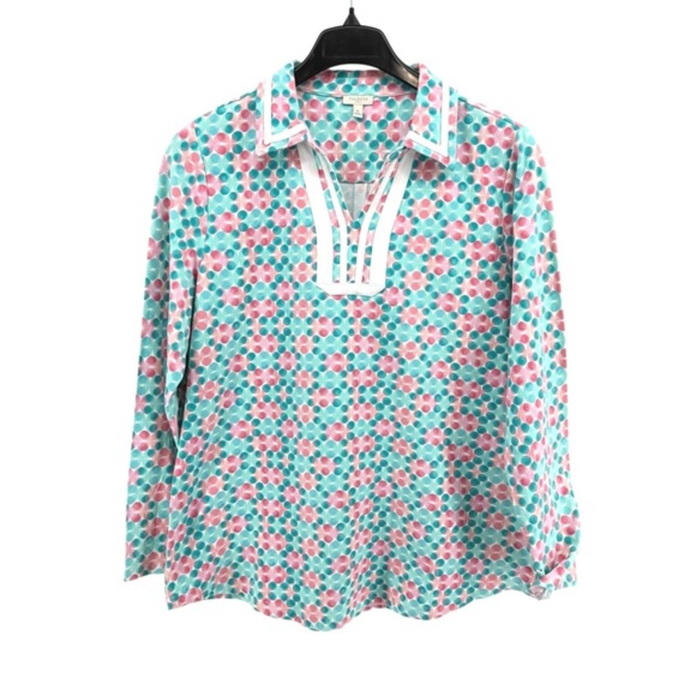 Talbots Womens XL Pre-Owned Pink Teal Geometric‎ Print Split Neck Knit Top Tunic